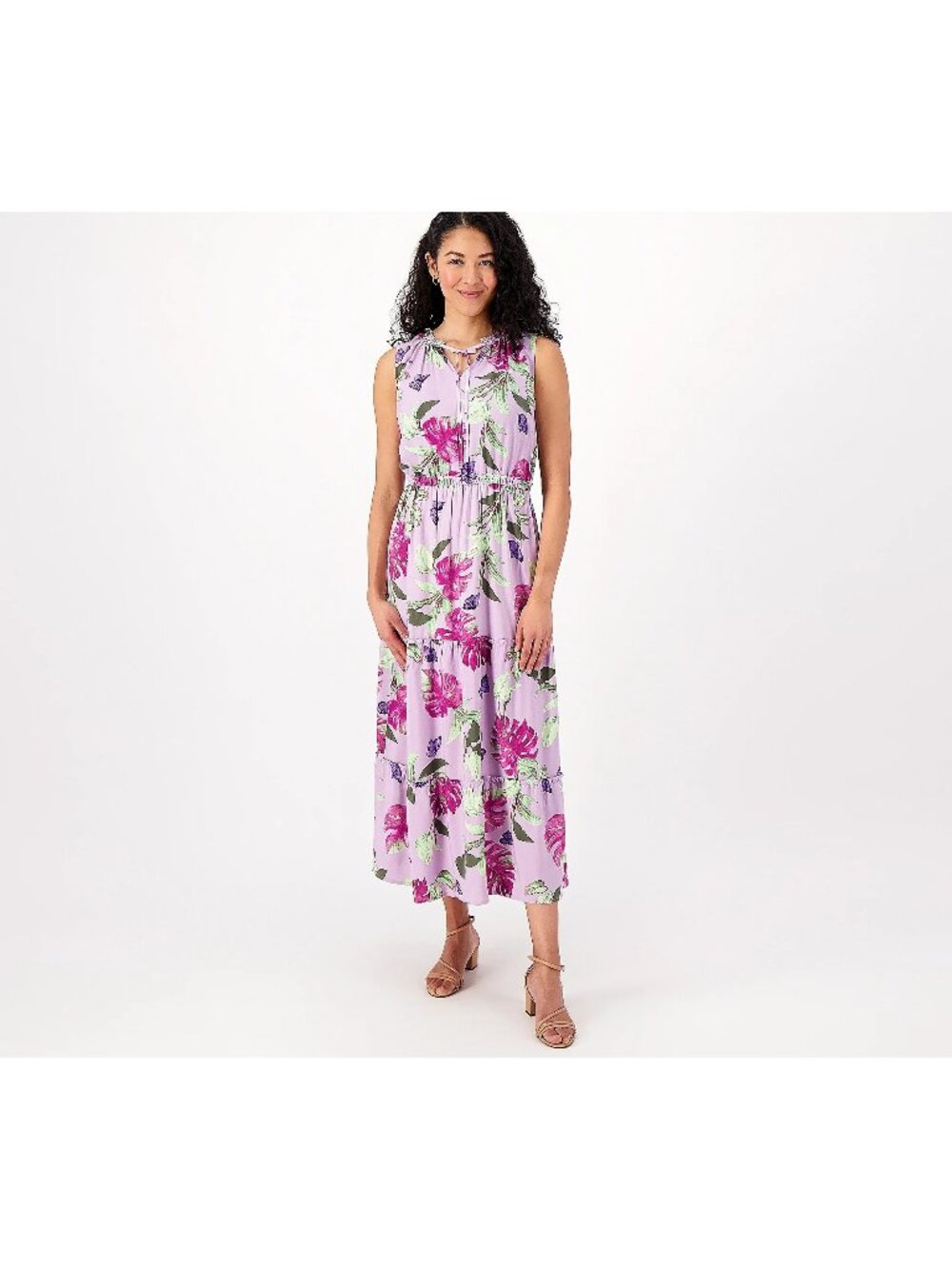 Denim & Co. Maxi Dress XS Printed with Ruffle Tiers Dusty Lavender Bohemian NEW
